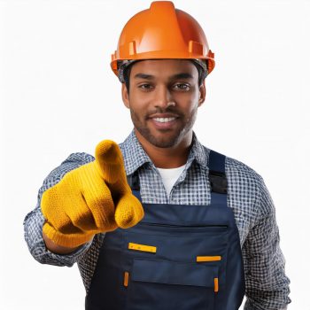 construction worker leather-gloved hand pointing directly into the camera; isolate